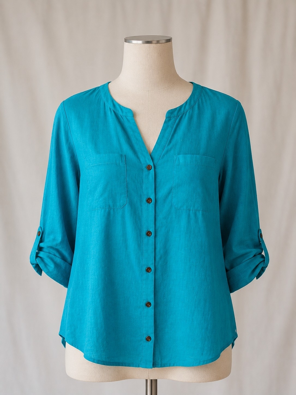 NOT FOR SALE. JM Collection Turquoise Linen Blend Roll Tab Blouse Size 8 - Picture 2 of 6